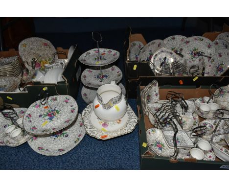 THREE BOXES OF MIDWINTER BREAKFAST AND TABLEWARE, to include 'Floral Chintz' pattern one, two and three tier cake stands, bre