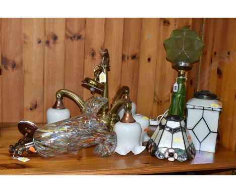 AN ART DECO THREE GRACES URANIUM GLASS TABLE LAMP, TWO CEILING LIGHT FITTINGS AND A TIFFANY STYLE SHADE, comprising an art de