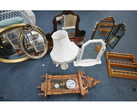 A SELECTION OF WALL MIRRORS, to include a metal triple dressing mirror, a mahogany swing mirror, a gilt framed oval mirror, a