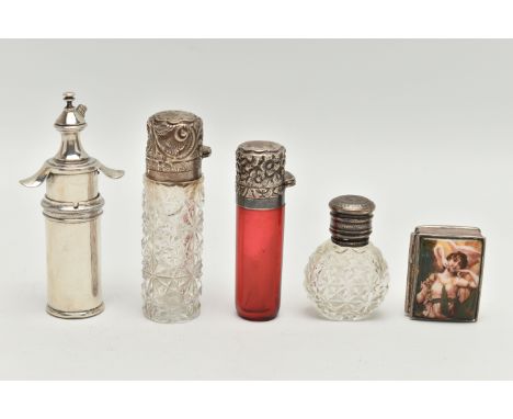 FIVE ITEMS, to include a red glass scent bottle with a silver embossed, hinged cover, hallmarked 'GM' Birmingham 1893, with s