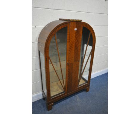 AN ART DECO MAHOGANY DOME TOP TWO DOOR CHINA CABINET, width 88cm x depth 31cm x height 140cm (condition report: aged wear and