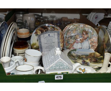 TWO BOXES OF CERAMICS AND GLASSWARE, to include a German stein collection, five Wedgwood 'Country Days' series plates, six Ro