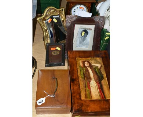 A FRENCH ART NOUVEAU MANTEL CLOCK, PICTURE FRAMES AND BOXES,  clock mechanism marked  with an A beneath a crown, W.B.K &amp; 