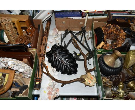 FOUR BOXES OF METALWARES, TREEN AND SUNDRY ITEMS, to include brass ornaments, vases and birds, wooden nut crackers, abacus, o