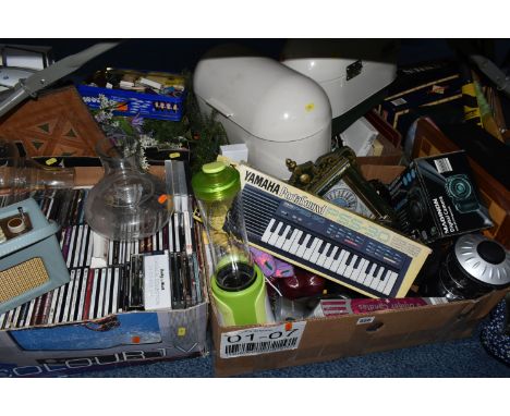 FIVE BOXES OF ASSORTED SUNDRIES ETC, to include a Breville smoothie maker, Yamaha portasound keyboard, boxed digital camera, 