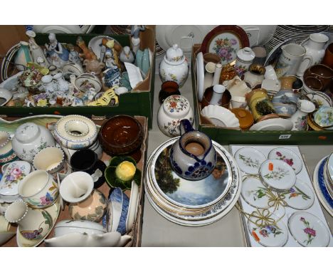 THREE BOXES OF ORNAMENTS, VASES AND COLLECTOR'S PLATES, to include a Sadler tea caddy, Yeo Pottery posy vase, an Aysgarth Pot