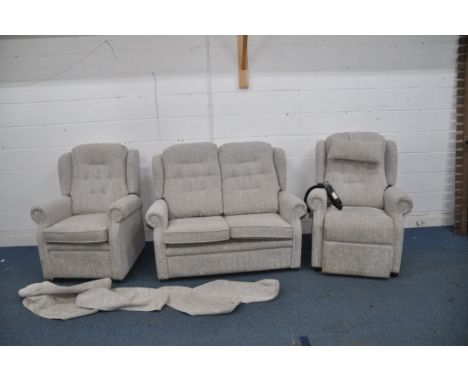 A REPOSE THREE PIECE LOUNGE SUITE in light grey herringbone fabric, comprising of an electric rise and recline arm chair with