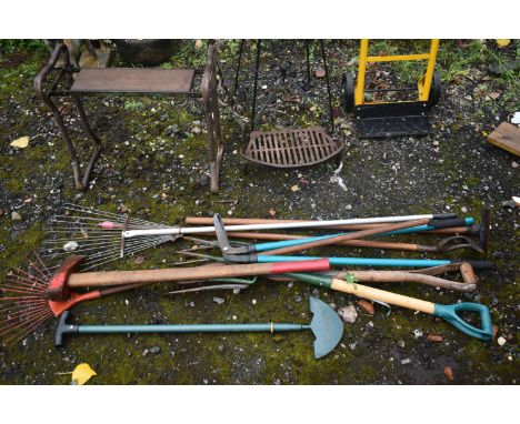 A SELECTION OF GARDEN TOOLS, to include rakes, forks, etc, a sack truck, wire planter, etc (10+)