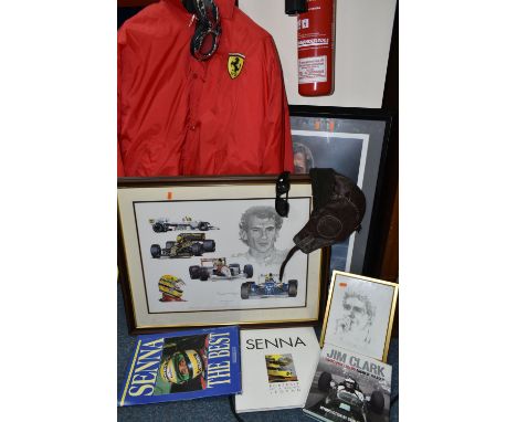 A BOX AND LOOSE FORMULA ONE MOTOR RACING THEMED ITEMS, to include a Nice Man Sports Ferrari jacket, size XL, racing style hat