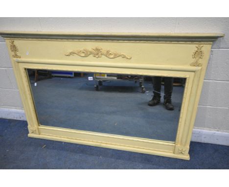 A CREAM PAINTED FRENCH OVERLMANTLE MIRROR, 148cm x 96cm (condition report: worn finish in places)