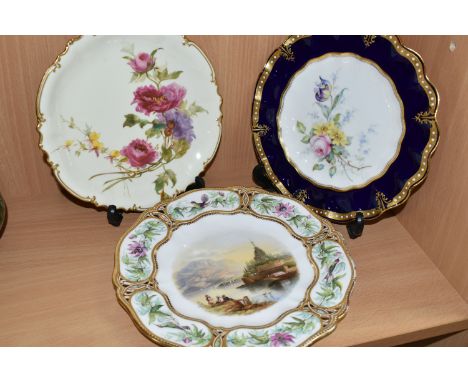 TWO ROYAL CROWN DERBY CABINET PLATES AND ANOTHER 19TH CENTURY CABINET PLATE, POSSIBLY DERBY, the pierced rim painted with hum