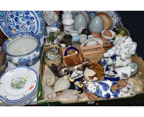 TWO BOXES OF CERAMICS, to include a blue and white hand painted Turkish charger, blue and white 'Willow' pattern chamber pot,