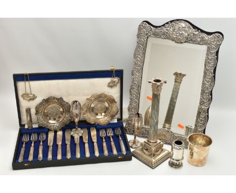 AN ASSORTMENT OF WHITE METAL, to include a cased set of white metal fish eaters, stamped silver, a pair of continental posey 
