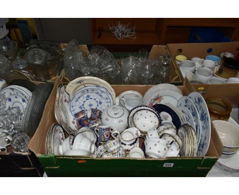 FIVE BOXES AND LOOSE CERAMICS AND GLASS ETC, to include Royal Worcester ramekins, Cauldon rose pattern tea wares, Ford's Chin