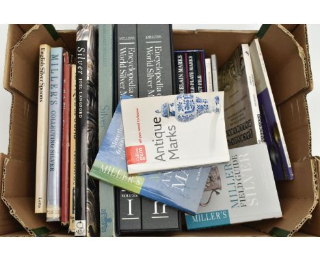 A BOX OF ASSORTED BOOKS, antique silver and ceramic interest, eighteen books including Millers Encyclopaedia of World Silver 