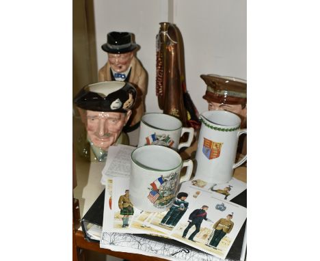 MILITARY INTEREST: CERAMICS, BUGLE AND REPRODUCED EPHEMERA RELATING TO THE TWO WORLD WARS, comprising a copper and brass serv
