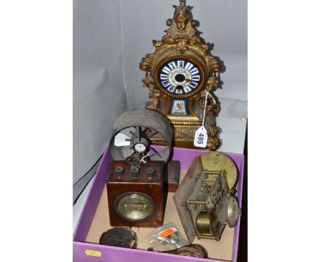 A BOX OF GAUGES, CLOCK PARTS AND SILVER ETC, comprising  a White of Glasgow Victorian pocket barometer in leather case, a Dav