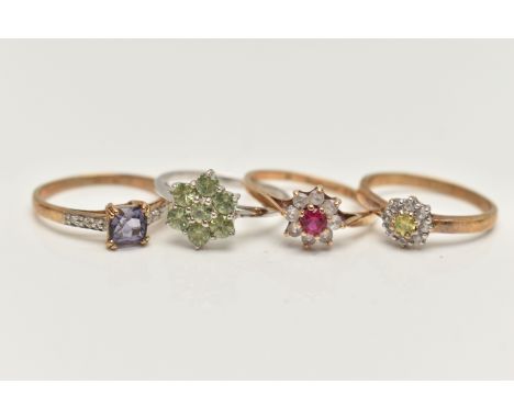 FOUR GEM SET RINGS, the first a yellow gold cluster ring set with a stone assessed as sphene and diamond, hallmarked 9ct Birm