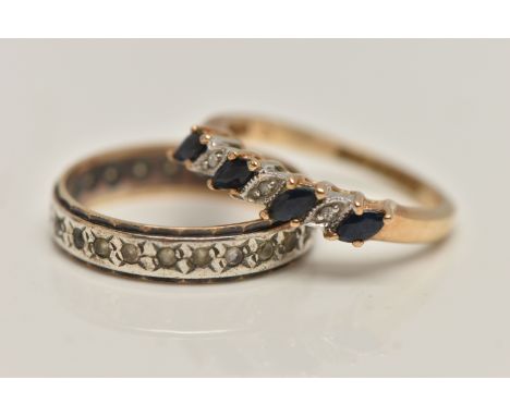 TWO RINGS, the first a 9ct gold gem set half eternity ring set with four marquise cut blue sapphires interspaced with three s