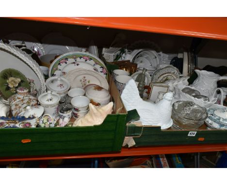 FOUR BOXES OF CERAMICS, to include a milkglass covered egg basket (chipped beak), a blue and white covered sauce tureen with 
