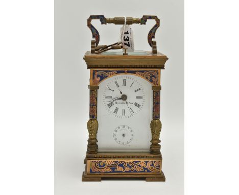 A REPRODUCTION REPEATER CARRIAGE CLOCK WITH CLOISONNE EFFECT AND BRASS CASE, the white enamel dial with Roman numerals  and s