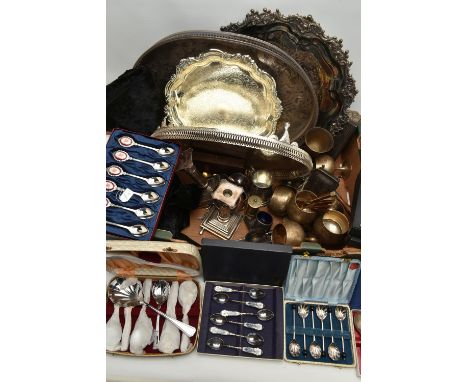 A BOX OF ASSORTED WHITE METAL WARE, to include four trays, cased sets of spoons, a pair of candle sticks, a trinket box, asso