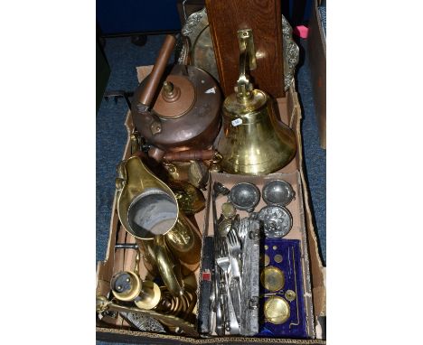 ONE BOX OF BRASS AND METALWARE, to include a large brass ship's bell attached to an oak support, cast shoe last, a EPNS drink