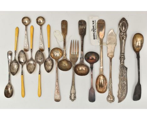 A BAG OF ASSORTED SILVER CUTLERY, to include five yellow guilloche enamel coffee spoons, hallmarked Birmingham, seven sauce s