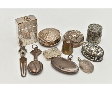 A BAG OF SILVER AND WHITE METAL ITEMS, to include an early 20th century silver pill box, hallmarked 'Aide &amp; Lovekin' Birm