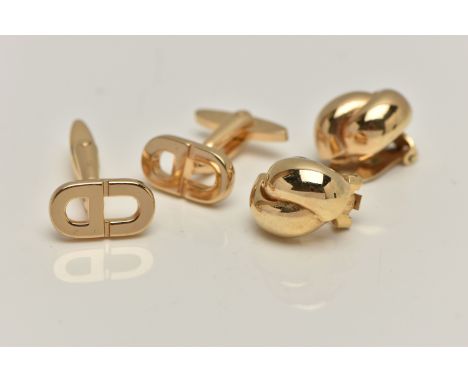 A PAIR OF CHRISTIAN DIOR CLIP ON EARRINGS AND A PAIR OF CUFFLINKS, cross over yellow metal non-pierced earrings, lever back f
