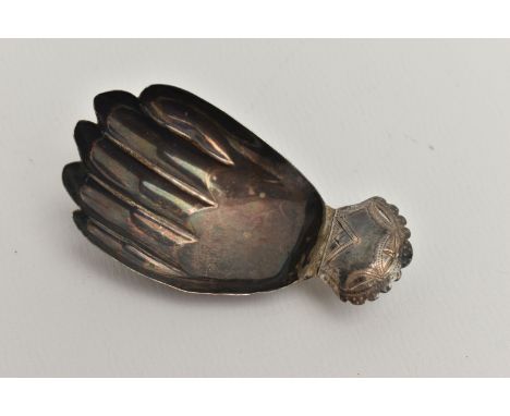 A GEORGE III SILVER NOVELTY CADDY SPOON IN THE FORM OF A HAND, bright cut detail to short handle, maker Joseph Taylor, Birmin