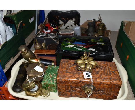 ONE BOX OF BRASSWARE AND SUNDRIES, to include a T.G Co. Ltd. brass compass, a pocket telescope made by W. Ottway &amp; Co. Lt