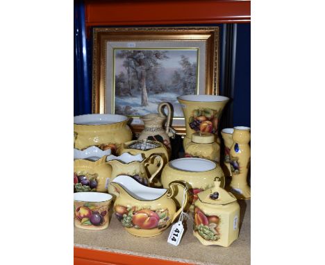 A COLLECTION OF AYNSLEY 'ORCHARD GOLD' PATTERN GIFTWARE, comprising a preserve pot, ginger jar, tea caddy, a Cascade shape pl