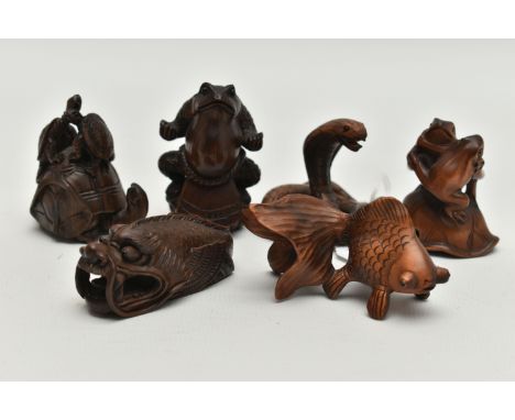 FIVE 20TH CENTURY REPRODUCTION CARVED TREEN NETSUKE AND A SIMILAR COBRA OKIMONO, the netsuke comprising a tortoise with two t