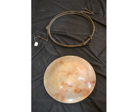 A large Art Deco bronzed light fitting, alabaster shade