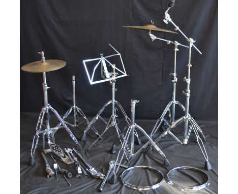 Musical Instruments - Zildan 19" Hi-hat and other cymbals; Pearl foot pedals; assorted drum stands; etc.; quantity