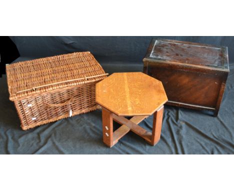 A wicker picnic hamper, with tartan blanket; a coffee table; a blanket box (3)