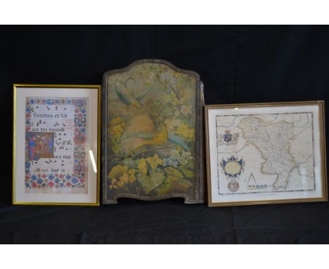 A copy of Saxton's map of Derbyshire, 1577; a print of an illuminated manuscript; a fire screen, Burnett Ltd trademark (3)