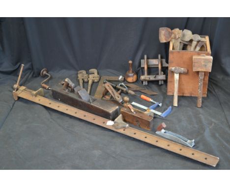 Woodworkers tools, to include planes, mallets, hammers, drills, squares, wrench, molding plane, spoke shave, long clamp, appr
