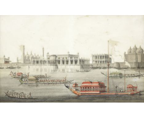 The Agna Mahal, part of the Nawab's palace at Murshidabad on the River Hooghly, with a royal barge and other boats in the for