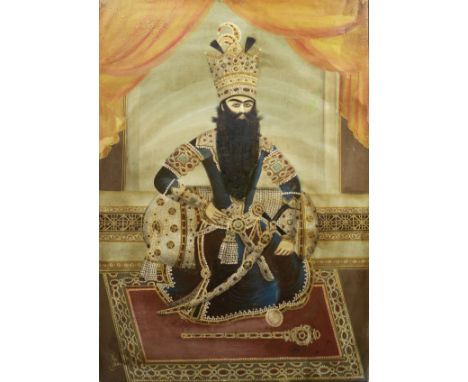 A portrait of Fath 'Ali Shah Qajar, signed by Hajj Mustafa, known as Mustafa Naqqash Iran, 20th Centuryoil on canvas, signed 