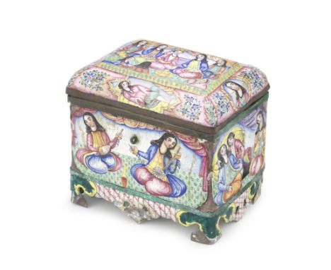 A Qajar enamelled copper casket Persia, 19th Centuryof rectangular form on shaped bracket feet with hinged lid, profusely dec
