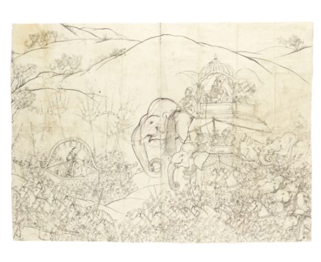 A large drawing of Sikh forces on the move, with noblemen riding in howdahs on elephants or carried in a palanquin North Indi