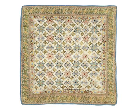 A Qajar embroidered silk panel Persia, 19th Centuryof square form, the central panel embroidered in polychrome silks with a s