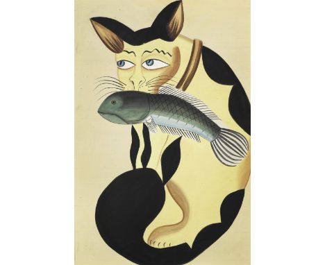 A cat holding a fish in its mouth Kalighat, Calcutta, early 20th Centurywatercolour on cloth, narrow maroon border, framed 82