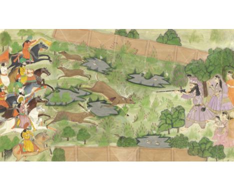 Sadiq Muhammad Khan IV, Nawab of Bahawalpur (reg. 1866-99), shooting deer in an enclosure, with beaters on horseback Bahawalp
