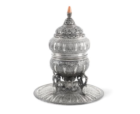 An Ottoman coral-mounted repoussé silver incense burner Turkey, 19th Centurywith waisted body and hinged domed lid on four fe