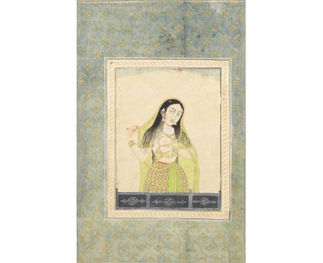 A courtesan at a balcony Mughal, 18th Centurygouache and gold on paper, laid down on a large album page, nasta'liq inscriptio