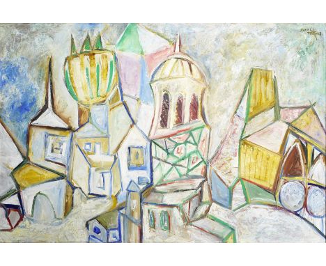 Sadanand K. Bakre (Indian, born 1920)Townscape oil on boardsigned and dated 196960 x 95cm (23 5/8 x 37 3/8in).Footnotes:Prove