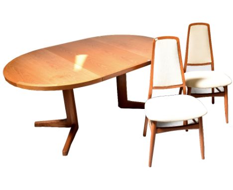 Rosengaarden; a 1960s retro teak dining suite comprising extending crossbanded D-end dining table with two additional leaves,